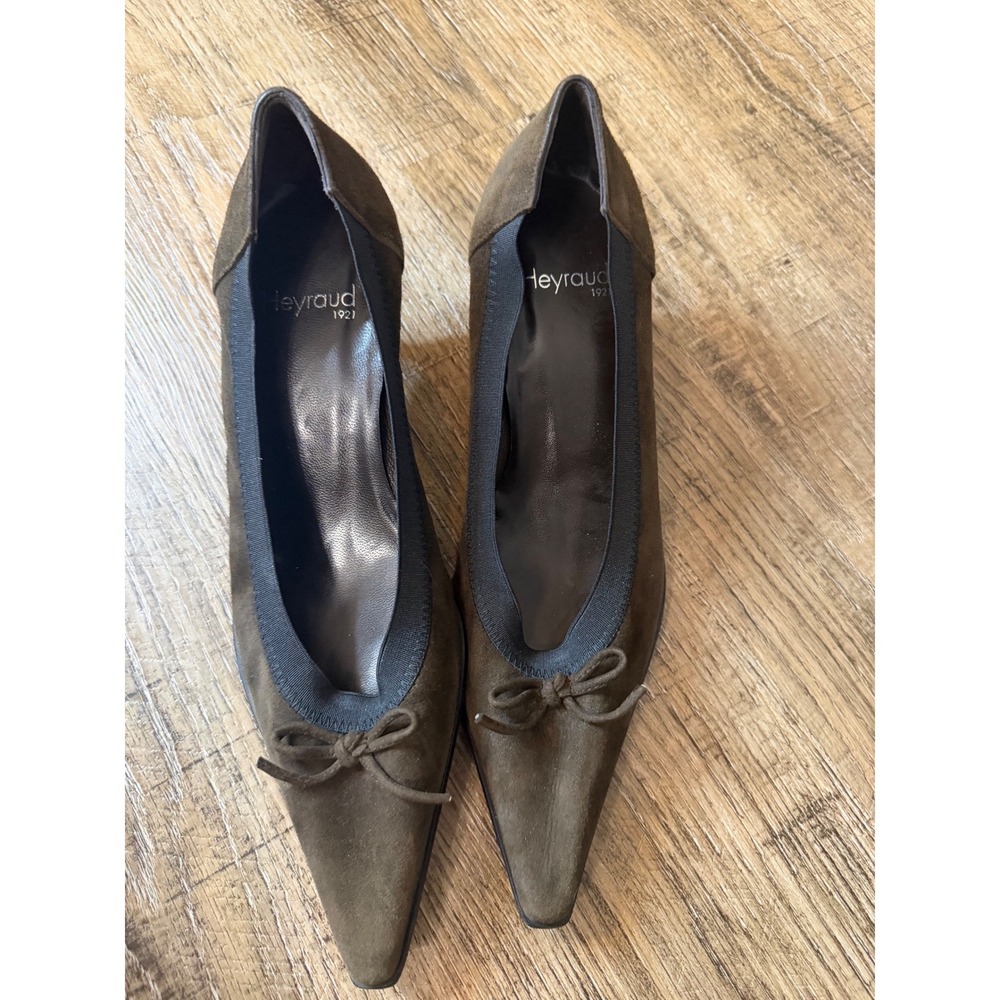 Heyraud 1921 Olive Green Suede Pointed Toe Kitten Heels Bow Pumps Size 39.5